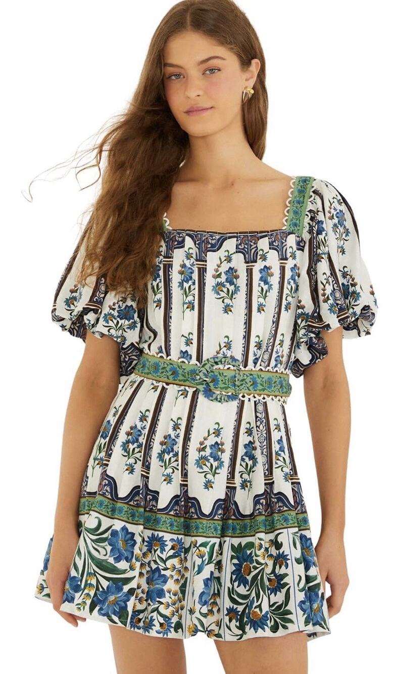 FARM RIO MANOELA BELTED MINI DRESS SIZE L OFF WHITE FLORAL LINEN BLEND